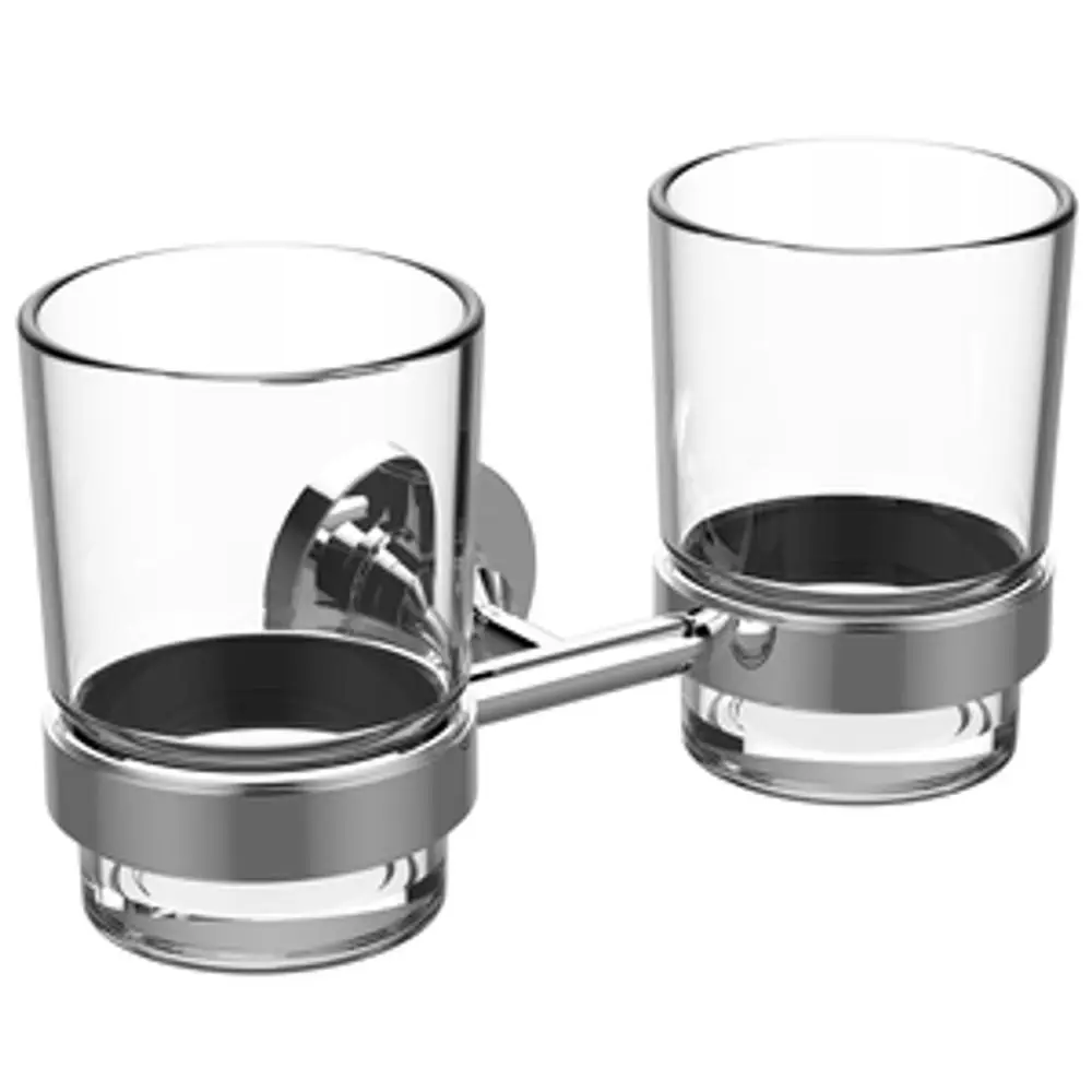 Doppelter Glashalter mit klaren Gläsern, montiert auf einer Chromhalterung. Produkt von Ideal Standard, geeignet für Badezimmer oder ähnliche Anwendungen.